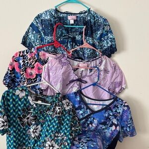 Koi women’s uniform tops-  LOT OF 5; Mixed Florals - Blue, Purple, Pink